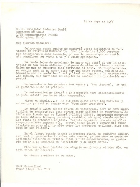 [Carta] 1966, may. 19, New York [a] Radomiro Tomic, Washington, D.C.