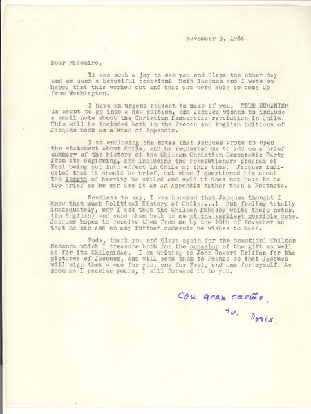 [Carta] 1966, nov. 3, [New York] [a] Radomiro Tomic, [Washington, D.C.]