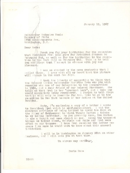 [Carta] 1967, jan. 19, [New York] [a] Radomiro Tomic, Washington, D.C.