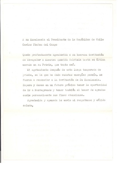 [Carta] c.1958, [New York] [a] Carlos Ibáñez del Campo, Santiago, Chile