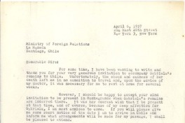 [Carta] 1957, abr. 6, New York [a] Ministerio de Relaciones exteriores, Santiago, Chile