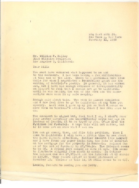 [Carta] 1958, feb. 11, New York [a] William P. Malloy, los Angeles, California