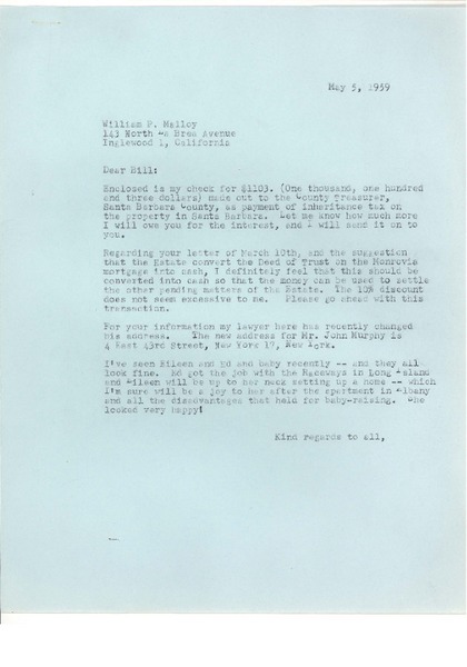 [Carta] 1959, may. 5, New York [a] William P. Malloy, California