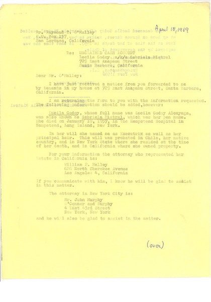 [Carta] 1969, abr. 18, New York [a] Raymond T. O'Malley, California