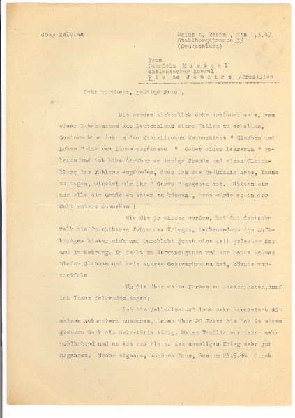 [Carta], 1947 mar. 1, Rhein, Alemania [a] Gabriela Mistral, Río de Janeiro, Brasil