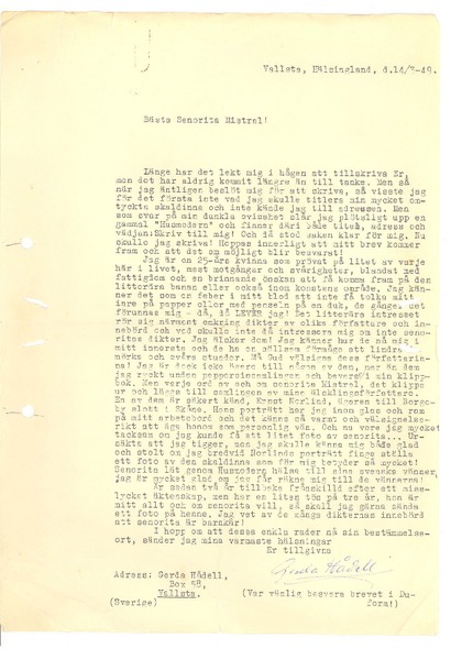 [Carta], 1949 mar. 14, Vallsta, Hälsingland, Suecia [a] Gabriela Mistral