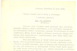 [Carta], 1946 p:nä 21, Oulussa, Tammikuun, Suomi [a] Gabriela Mistral, Río de Janeiro, Brasil