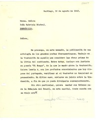 [Carta] 1943 ago. 12, Santiago, Chile [a] Gabriela Mistral, Petrópolis, [Brasil]