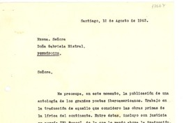 [Carta] 1943 ago. 12, Santiago, Chile [a] Gabriela Mistral, Petrópolis, [Brasil]
