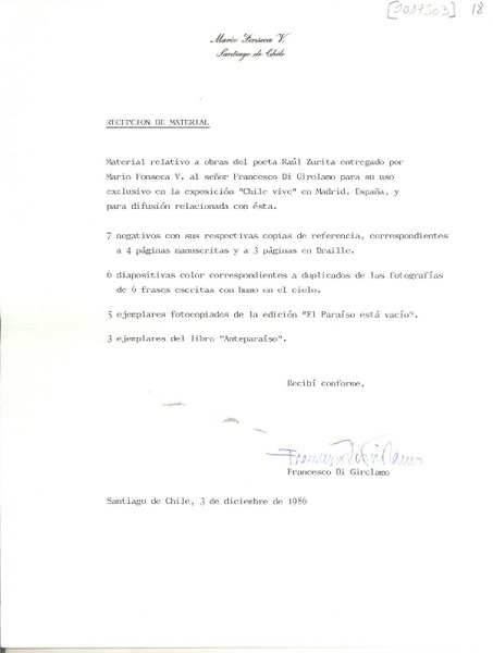 [Carta] 1986 dic. 3, Santiago, Chile [a] Mario Fonseca