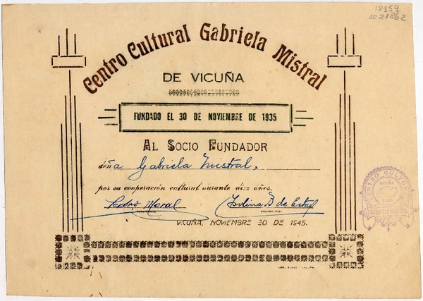 [Diploma] 1945 nov. 30, Vicuña, Chile [a] Gabriela Mistral