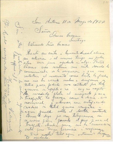 [Carta] 1927 may. 17, San Antonio, Chile [a] Luis Omar Cáceres