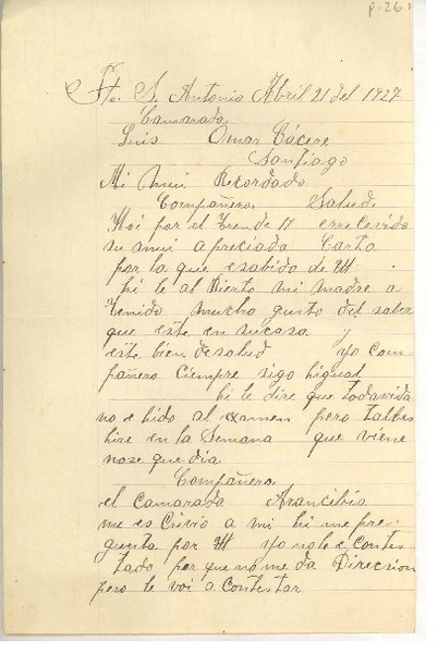 [Carta] 1927 abr. 21, San Antonio, Chile [a] Luis Omar Cáceres