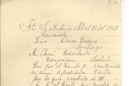 [Carta] 1927 abr. 21, San Antonio, Chile [a] Luis Omar Cáceres