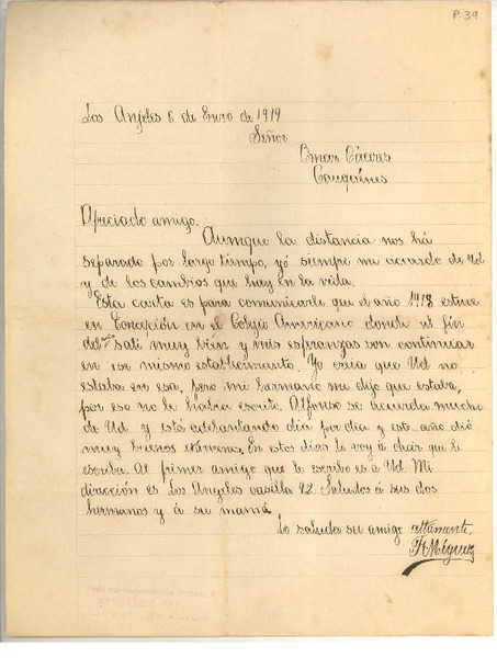 [Carta] 1919 ene. 6, Los Angeles, Chile [a] Luis Omar Cáceres, Cauquenes, Chile