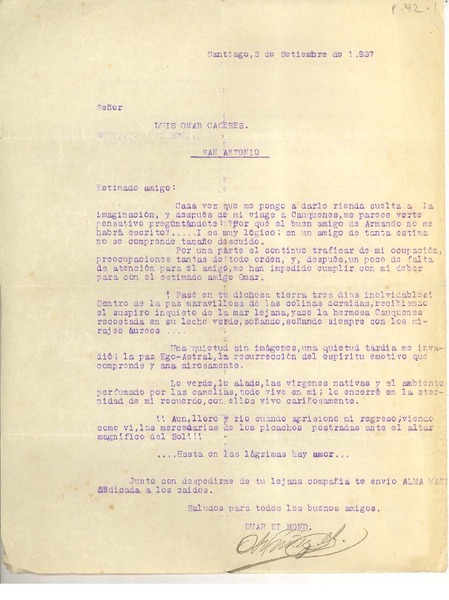 [Carta] 1927 septiembre 3, Santiago, Chile [a] Luis Omar Cáceres, San Antonio, Chile