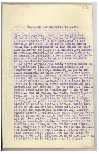 [Carta] 1928 abr. 30, Santiago, Chile [a] Luis Omar Cáceres