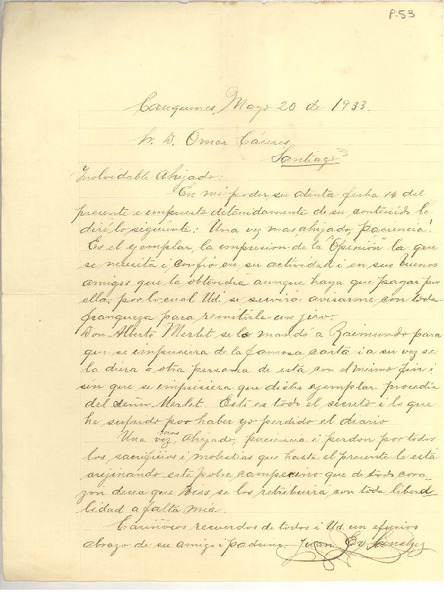 [Carta] 1933 may. 20, Cauquenes, Chile [a] Luis Omar Cáceres, Santiago, Chile
