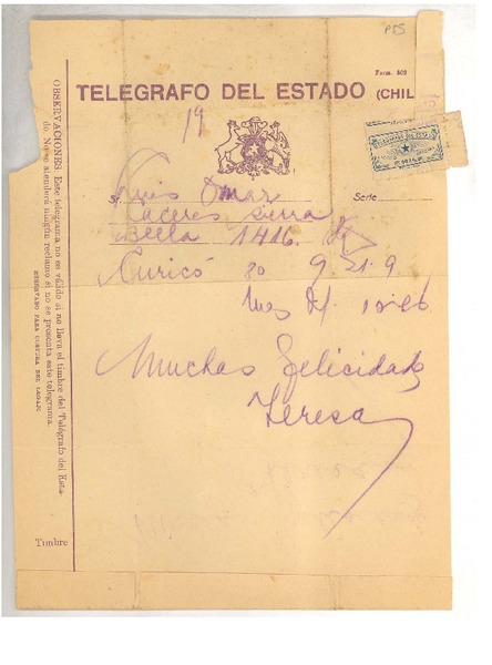 [Telegrama] 1929 sep. 21, Curico, Chile [a] Luis Omar Cáceres, Santiago, Chile
