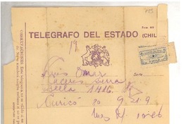 [Telegrama] 1929 sep. 21, Curico, Chile [a] Luis Omar Cáceres, Santiago, Chile