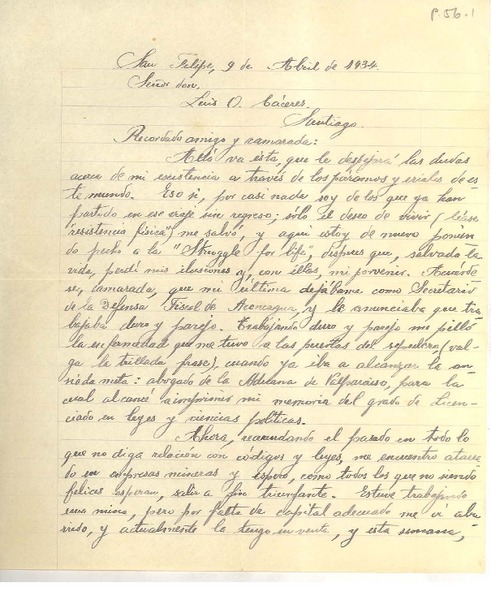 [Carta] 1934 abr. 9, San Felipe, Chile [a] Luis Omar Cáceres, Santiago, Chile