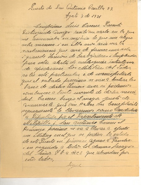 [Carta] 1931 ago. 7, San Antonio, Chile [a] Luis Omar Cáceres