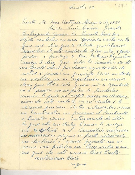 [Carta] 1931 mar. 6, San Antonio, Chile [a] Luis Omar Cáceres