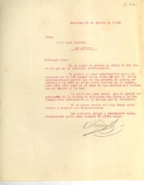 [Carta] 1928 ago. 24, Santiago, Chile [a] Luis Omar Cáceres, San Antonio, Chile
