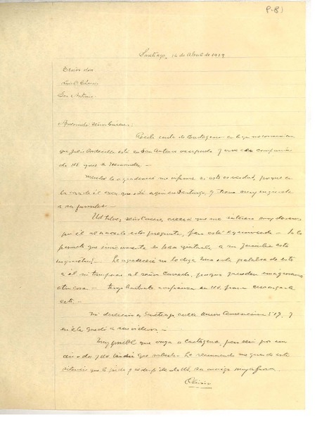 [Carta] 1929 abr. 16, Santiago, Chile [a] Luis Omar Cáceres, San Antonio, Chile