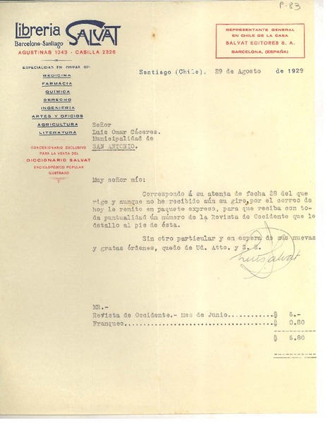 [Carta] 1929 ago. 29, Santiago, Chile [a] Luis Omar Cáceres, San Antonio, Chile