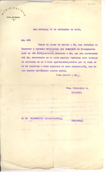 [Carta] 1929 sep. 25, San Antonio, Chile [a] Sr. Gobernador Departamental