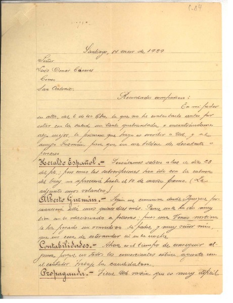 [Carta] 1929 ene. 14, Santiago, Chile [a] Luis Omar Cáceres, San Antonio, Chile