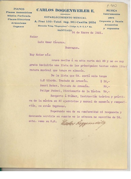 [Carta] 1921 ene. 24, Santiago, Chile [a] Omar Cáceres, Rancagua, Chile