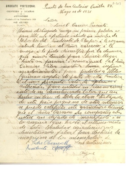 [Carta] 1931 may. 11, Puerto de San Antonio, Chile [a] Omar Cáceres