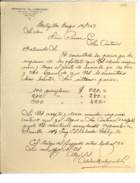 [Carta] 1929 mar. 12, Melipilla, Chile [a] Omar Cáceres, San Antonio, Chile