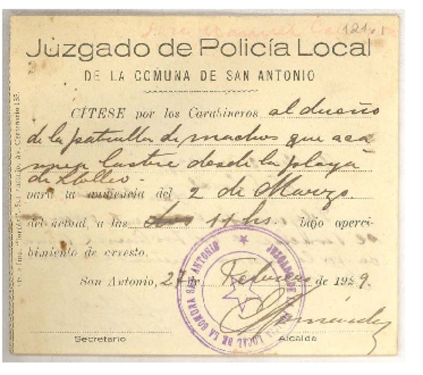 [Carta] 1929 feb. 22, San Antonio, Chile [a] [Juzgado Policial]