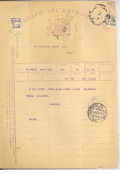 [Telegrama] 1943 sep. 10, Santiago, Chile [a] [Raúl] Cáceres, Viña del Mar, Chile