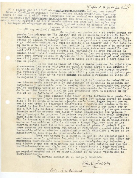 [Carta] 1931 nov. 20, París, Francia [a] Manuel Hidalgo Plaza