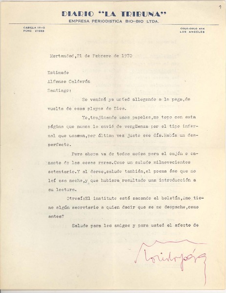 [Carta] 1970 feb. 21, Los Angeles, Chile [a] Alfonso Calderón, Santiago, Chile
