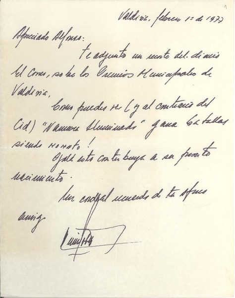 [Carta] 1977 feb. 01, Valdivia, Chile [a] Alfonso Calderón