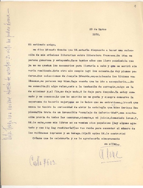 [Carta] 1970 mar. 03, [Santiago, Chile] [a] Alfonso Calderón