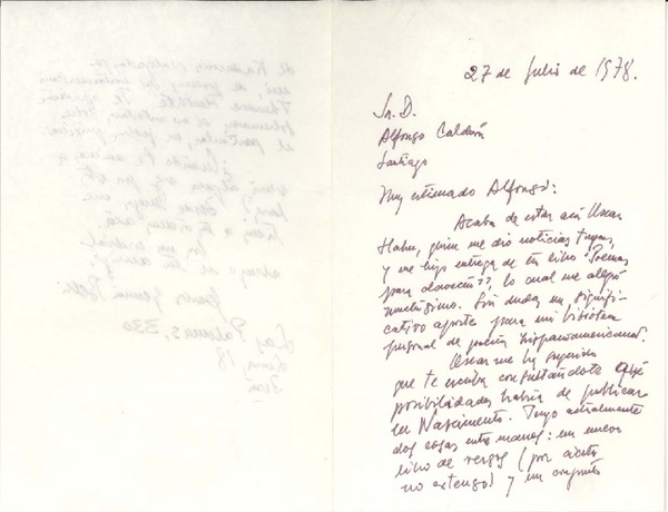 [Carta] 1978 jul. 27, Lima, Perú [a] Alfonso Calderón, Santiago, Chile
