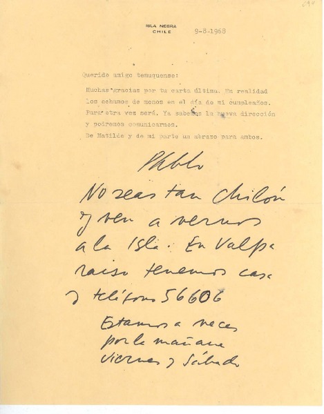 [Carta] 1968 ago. 9, Isla Negra, Chile [a] Armando Benavente
