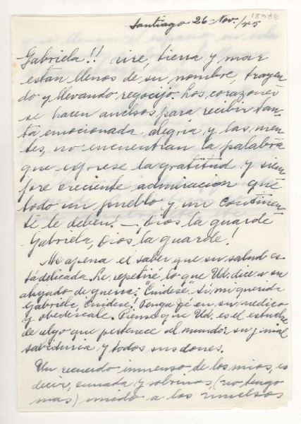 [Carta] 1945 nov. 25, Santiago, Chile [a] Gabriela Mistral