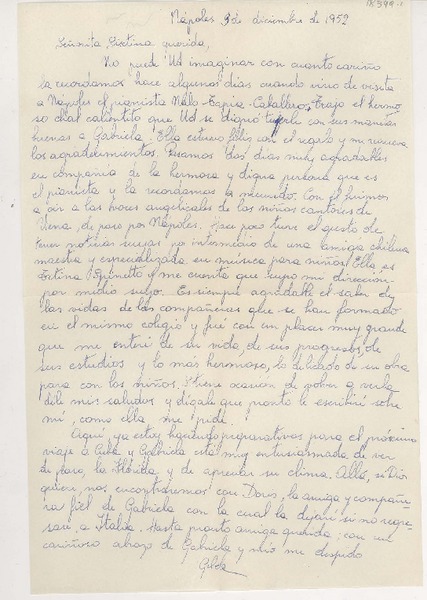 [Carta] 1952 dic. 3, Nápoles, Italia [a] Sixtina Araya