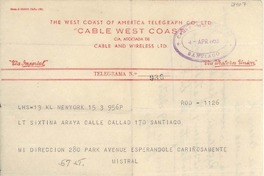 [Telegrama] 1953 abr. 4, New York, Estados Unidos [a] Sixtina Araya