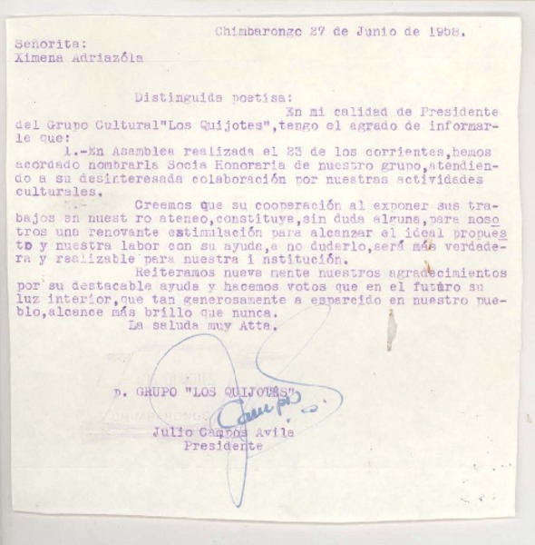 [Carta] 1958 jun. 27, Chimbarongo, Chile [a] Ximena Adriazola
