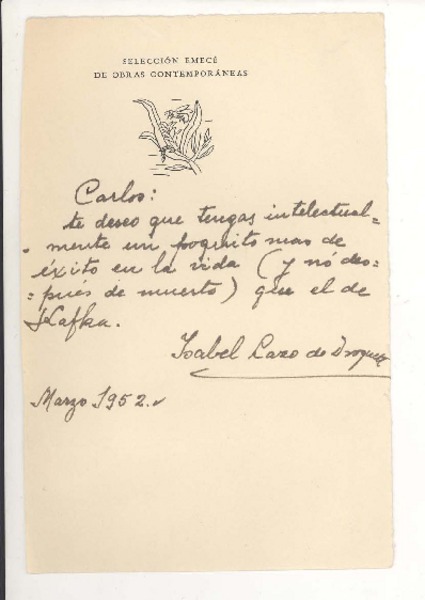 [Carta] 1952 marzo, Santiago Chile [a] Carlos Droguett