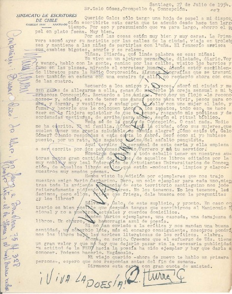[Carta] 1954 jul. 27, Santiago, Chile [a] Galo Gómez