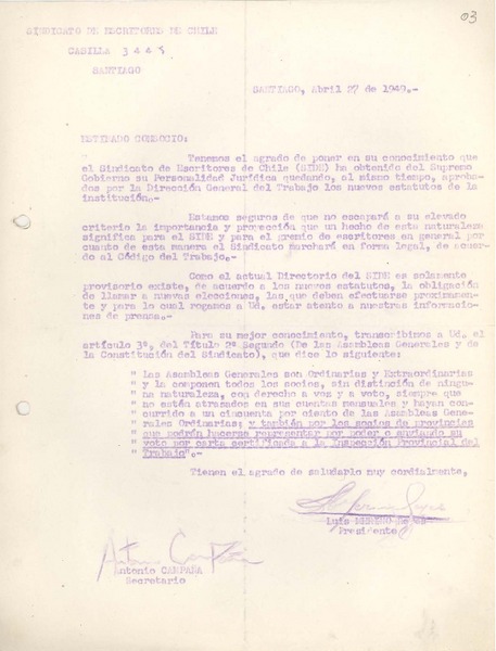[Carta] 1949 abr. 27, Santiago, Chile [a] [Socios Sindicato de Escritores de Chile]